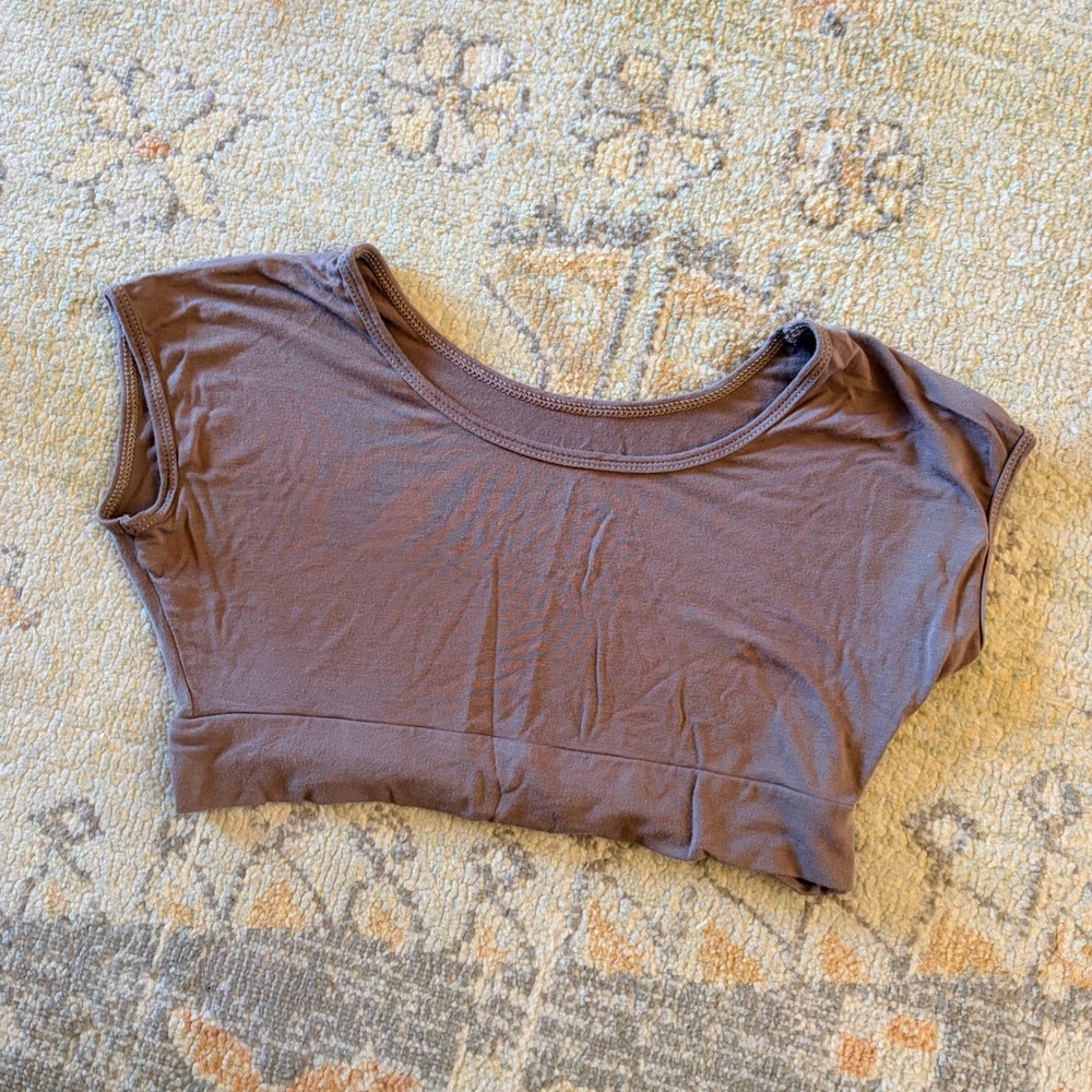 Halftee Womens Brown Rayon Spandex Layering Crop Cap Sleeve Top LDS Garments M - Picture 3 of 4